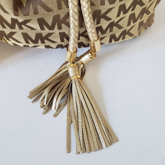 Michael Kors Jet Set Large Signature Gathered Hobo Satchel Tote Gold and Brown - Picture 13 of 16